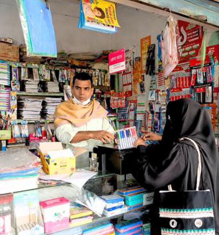 Engaging himself with customers